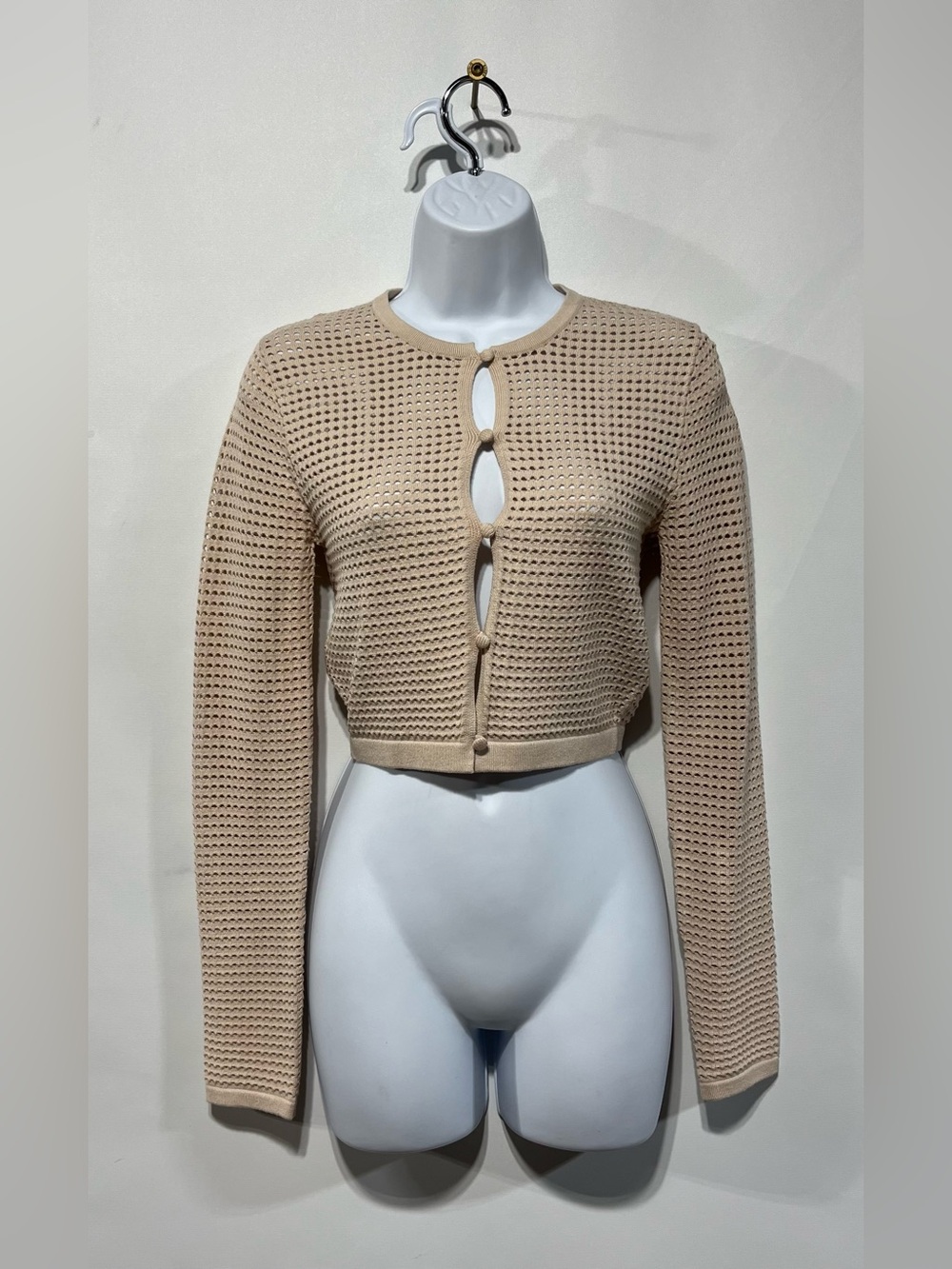 NIA Tan Open Knit Long Sleeve Cropped Style Top Size Small